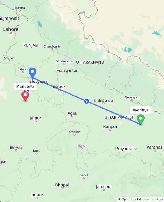 Route map showing distance and travel time from Ayodhya, India to Mandawa, India