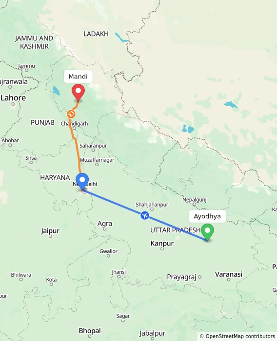Route map showing distance and travel time from Ayodhya, India to Mandi, India