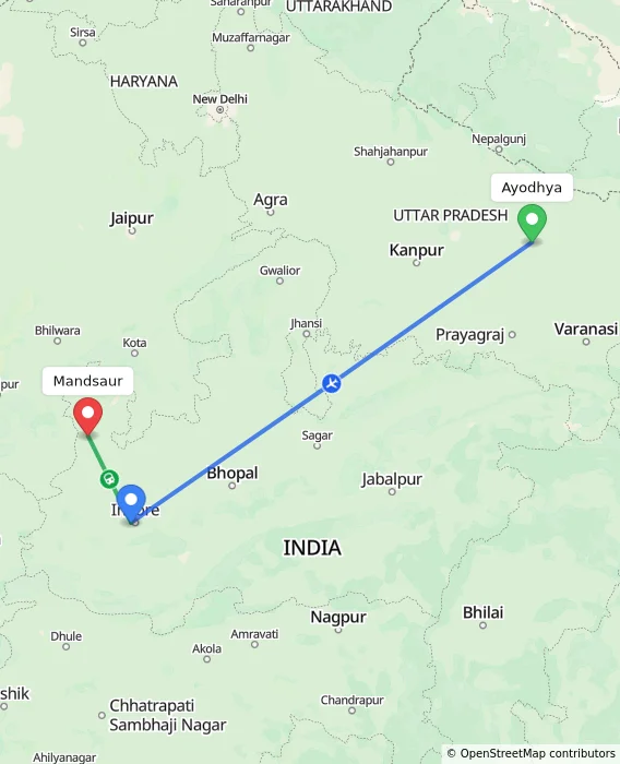 Route map showing distance and travel time from Ayodhya, India to Mandsaur, India