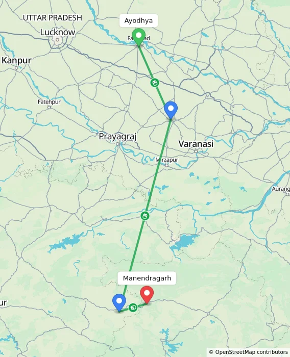 Route map showing distance and travel time from Ayodhya, India to Manendragarh, India