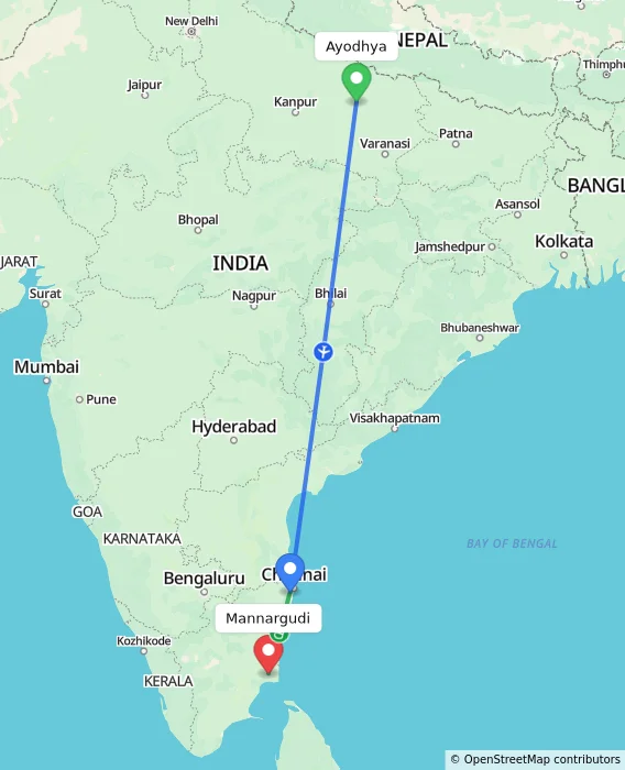 Route map showing distance and travel time from Ayodhya, India to Mannargudi, India