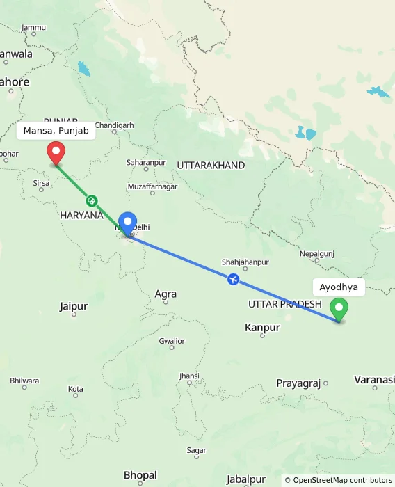 Route map showing distance and travel time from Ayodhya, India to Mansa, Punjab, India
