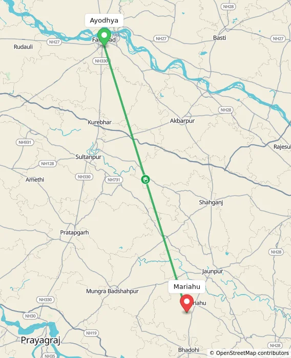 Route map showing distance and travel time from Ayodhya, India to Mariahu, India