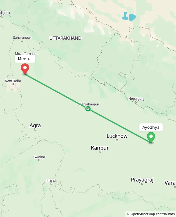 Route map showing distance and travel time from Ayodhya, India to Meerut, India