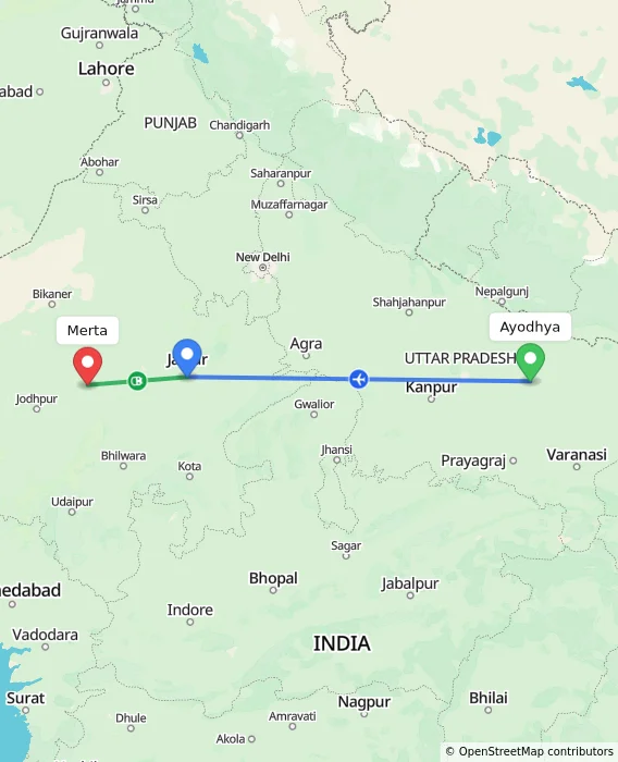 Route map showing distance and travel time from Ayodhya, India to Merta, India