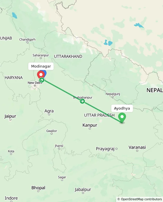 Route map showing distance and travel time from Ayodhya, India to Modinagar, India