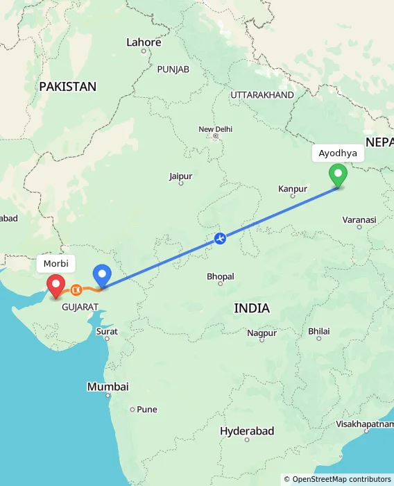 Route map showing distance and travel time from Ayodhya, India to Morbi, India