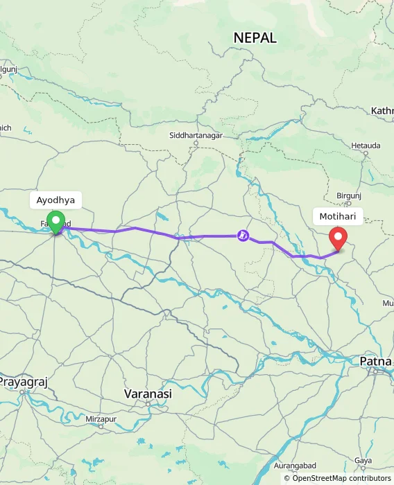 Route map showing distance and travel time from Ayodhya, India to Motihari, India