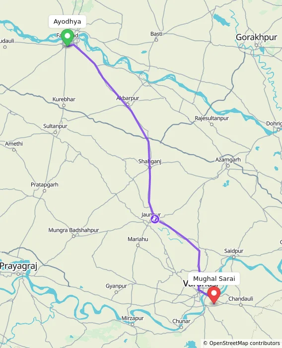 Route map showing distance and travel time from Ayodhya, India to Mughal Sarai, India