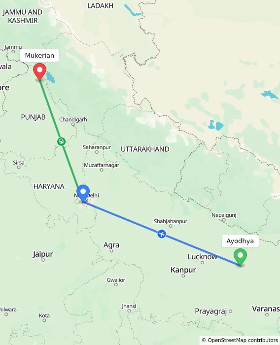 Route map showing distance and travel time from Ayodhya, India to Mukerian, India