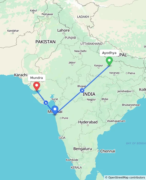 Route map showing distance and travel time from Ayodhya, India to Mundra, India