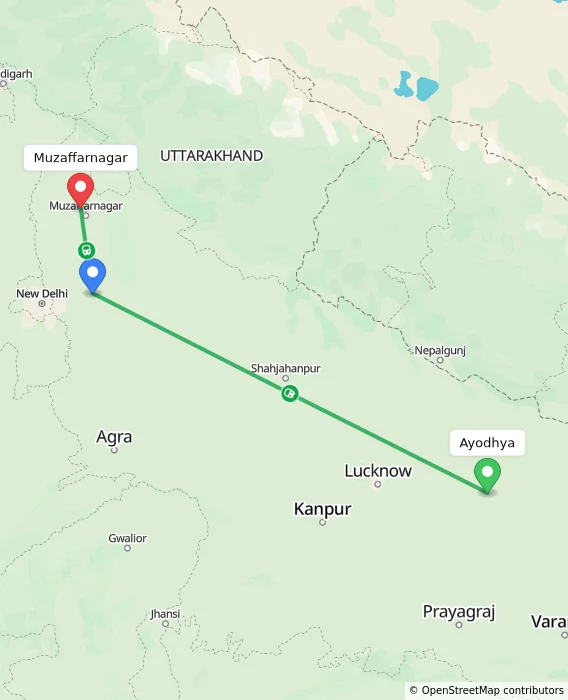 Route map showing distance and travel time from Ayodhya, India to Muzaffarnagar, India