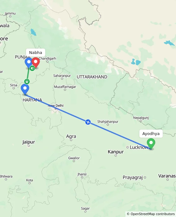 Route map showing distance and travel time from Ayodhya, India to Nabha, India