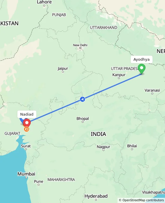 Route map showing distance and travel time from Ayodhya, India to Nadiad, India