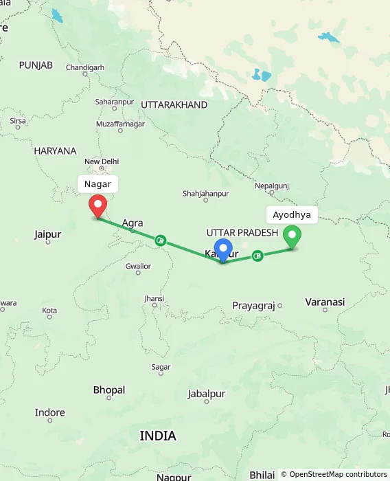 Route map showing distance and travel time from Ayodhya, India to Nagar, India