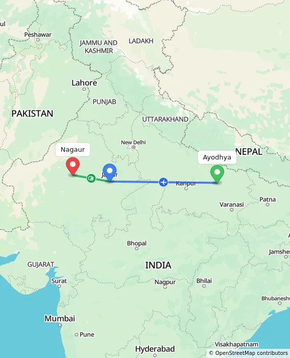Route map showing distance and travel time from Ayodhya, India to Nagaur, India