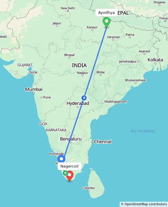 Route map showing distance and travel time from Ayodhya, India to Nagercoil, India