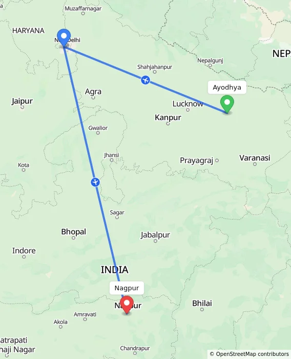 Route map showing distance and travel time from Ayodhya, India to Nagpur, India