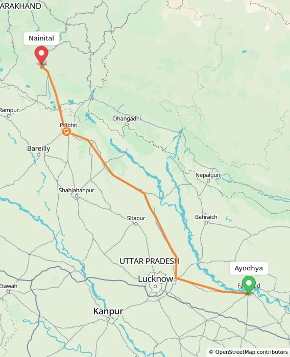 Route map showing distance and travel time from Ayodhya, India to Nainital, India