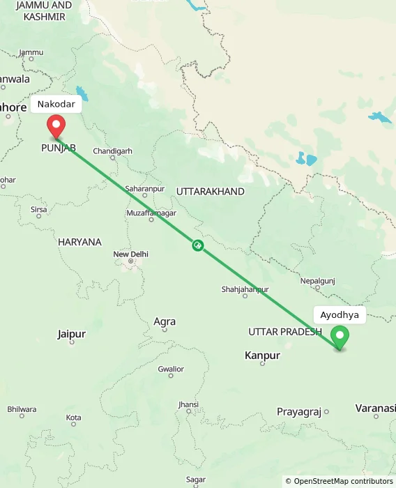 Route map showing distance and travel time from Ayodhya, India to Nakodar, India