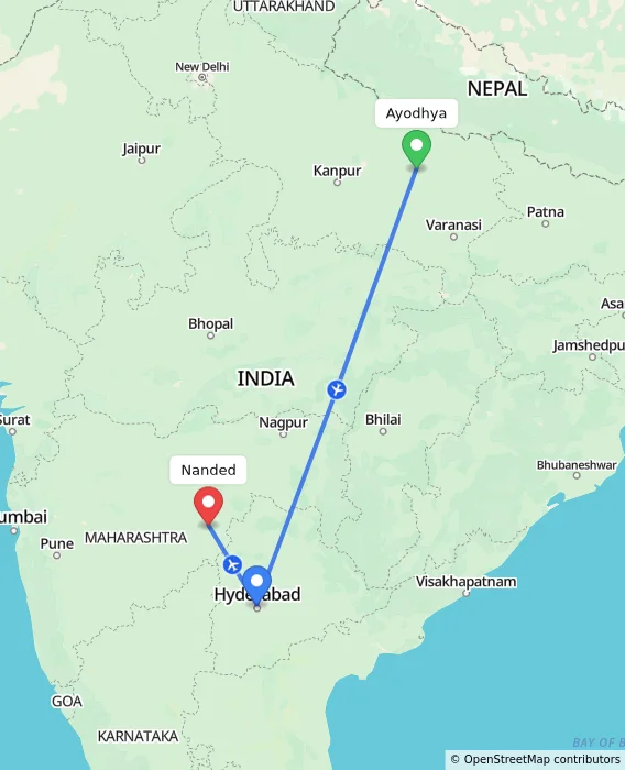 Route map showing distance and travel time from Ayodhya, India to Nanded, India