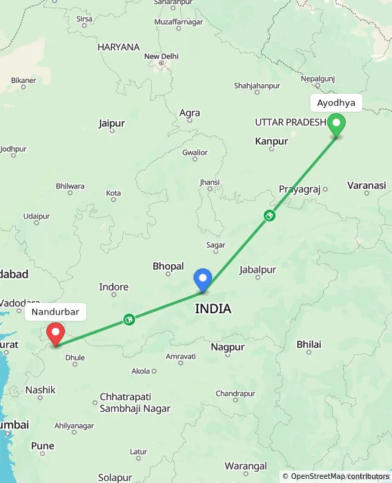 Route map showing distance and travel time from Ayodhya, India to Nandurbar, India