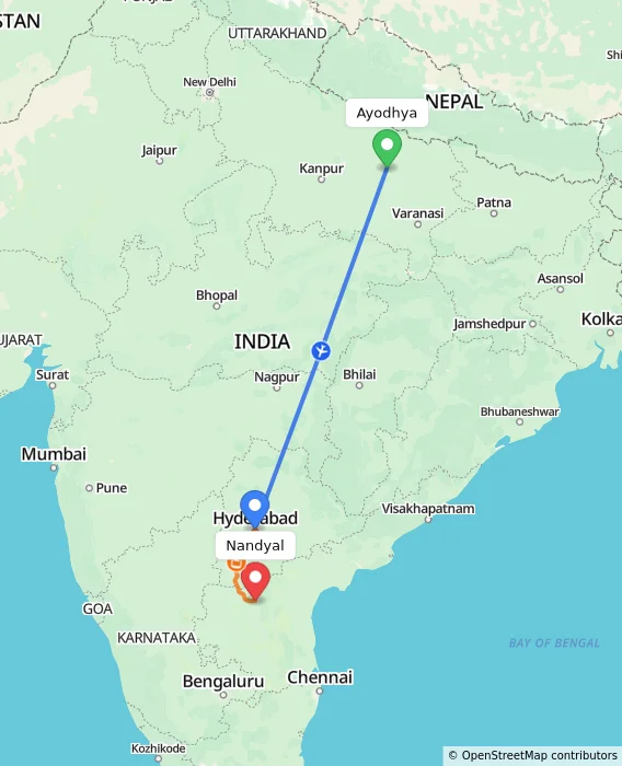 Route map showing distance and travel time from Ayodhya, India to Nandyal, India