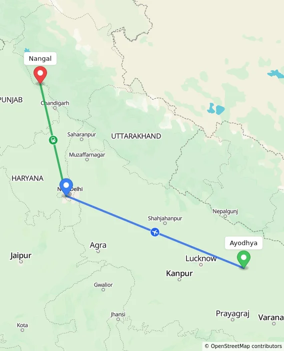 Route map showing distance and travel time from Ayodhya, India to Nangal, India