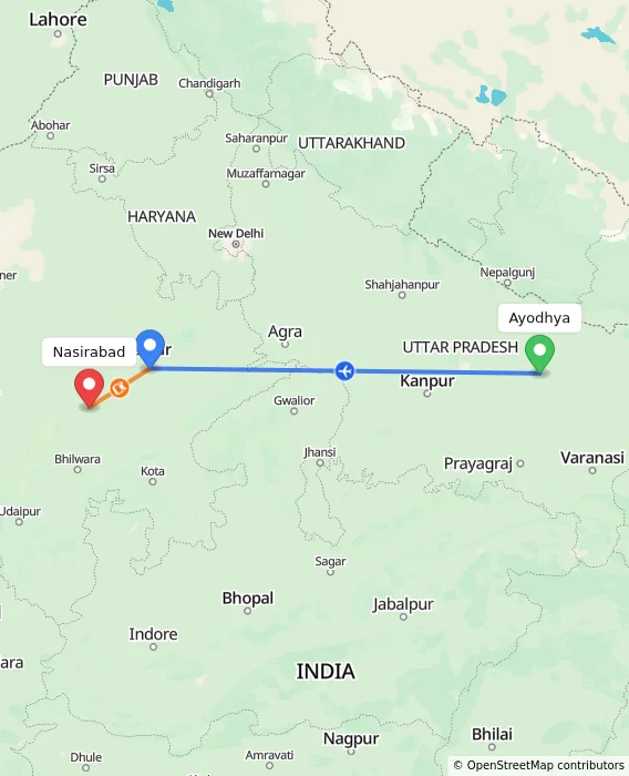 Route map showing distance and travel time from Ayodhya, India to Nasirabad, India