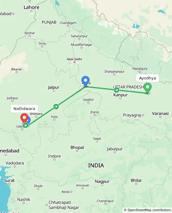 Route map showing distance and travel time from Ayodhya, India to Nathdwara, India