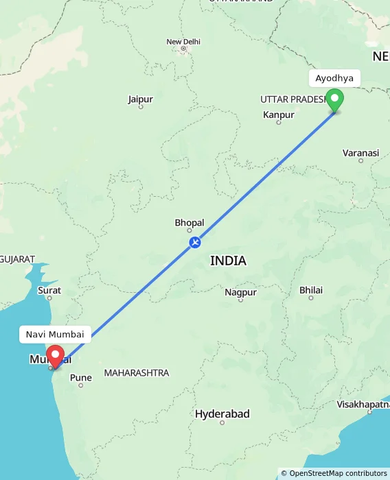 Route map showing distance and travel time from Ayodhya, India to Navi Mumbai, India