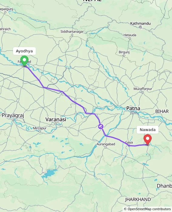 Route map showing distance and travel time from Ayodhya, India to Nawada, India