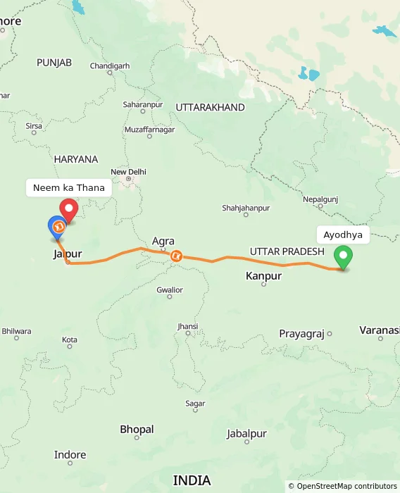 Route map showing distance and travel time from Ayodhya, India to Neem ka Thana, India