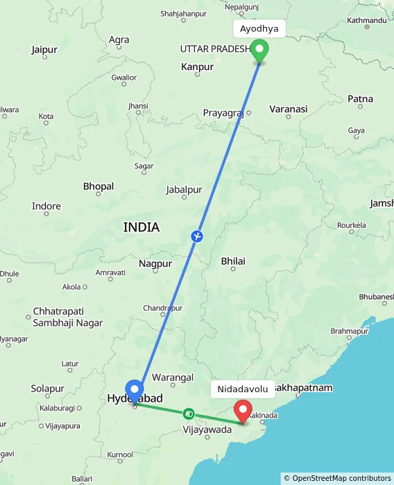 Route map showing distance and travel time from Ayodhya, India to Nidadavolu, India