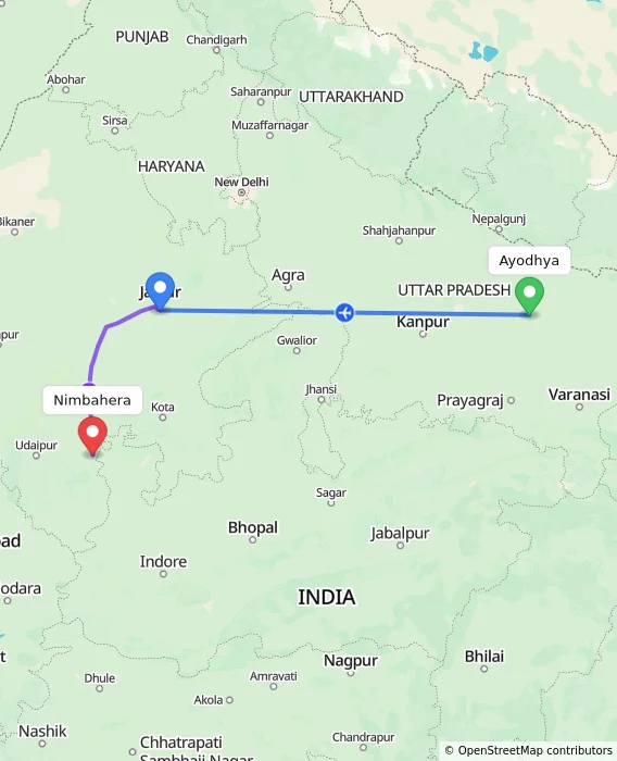 Route map showing distance and travel time from Ayodhya, India to Nimbahera, India