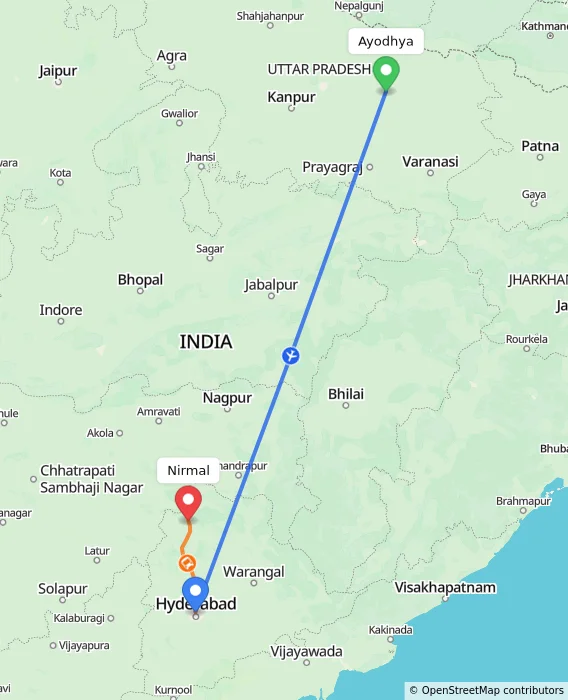 Route map showing distance and travel time from Ayodhya, India to Nirmal, India