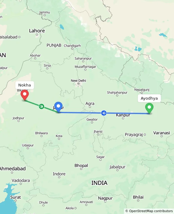 Route map showing distance and travel time from Ayodhya, India to Nokha, India