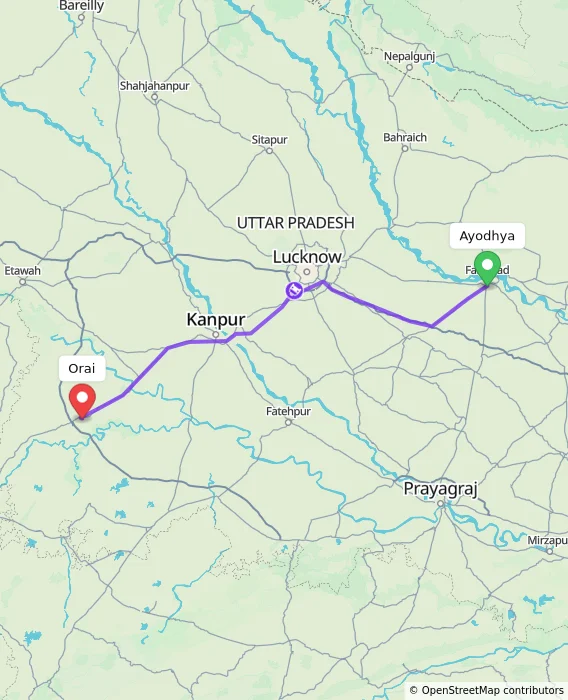 Route map showing distance and travel time from Ayodhya, India to Orai, India