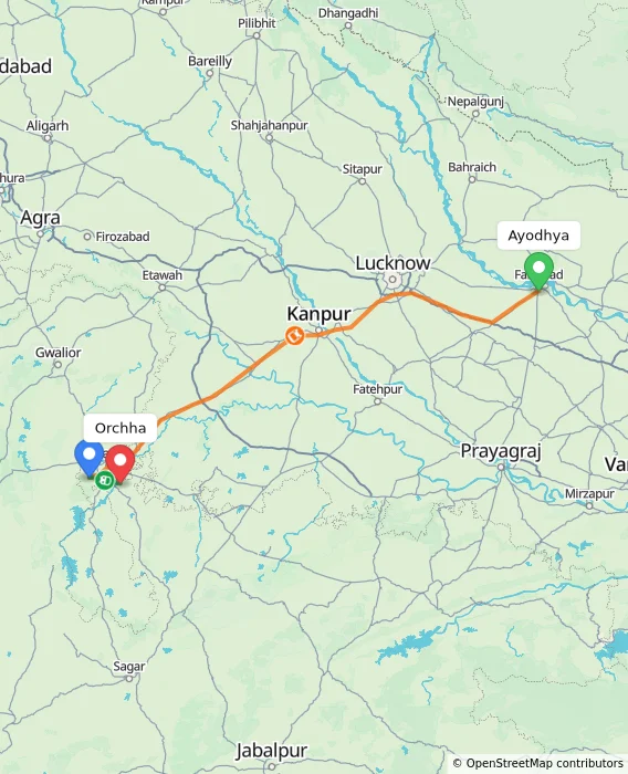 Route map showing distance and travel time from Ayodhya, India to Orchha, India