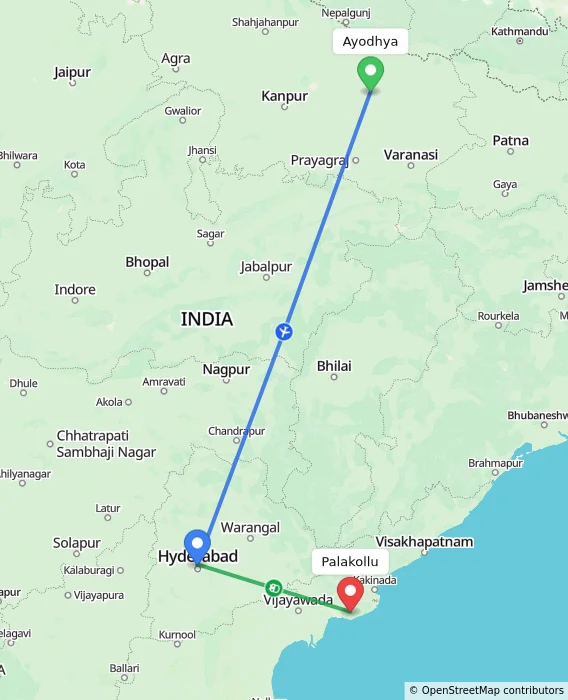 Route map showing distance and travel time from Ayodhya, India to Palakollu, India