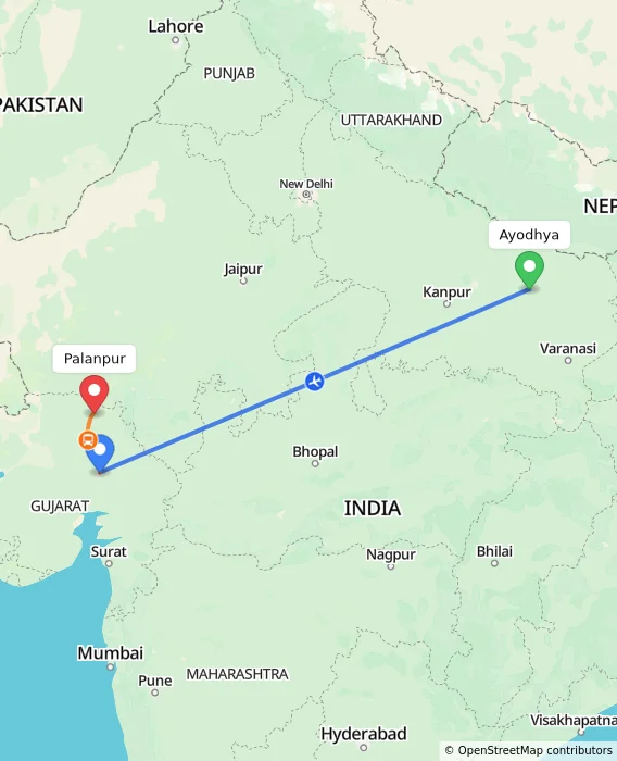 Route map showing distance and travel time from Ayodhya, India to Palanpur, India