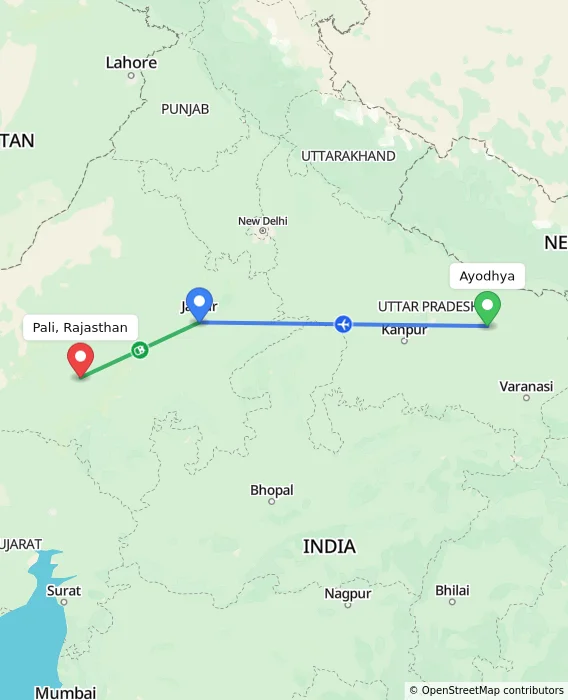 Route map showing distance and travel time from Ayodhya, India to Pali, Rajasthan, India