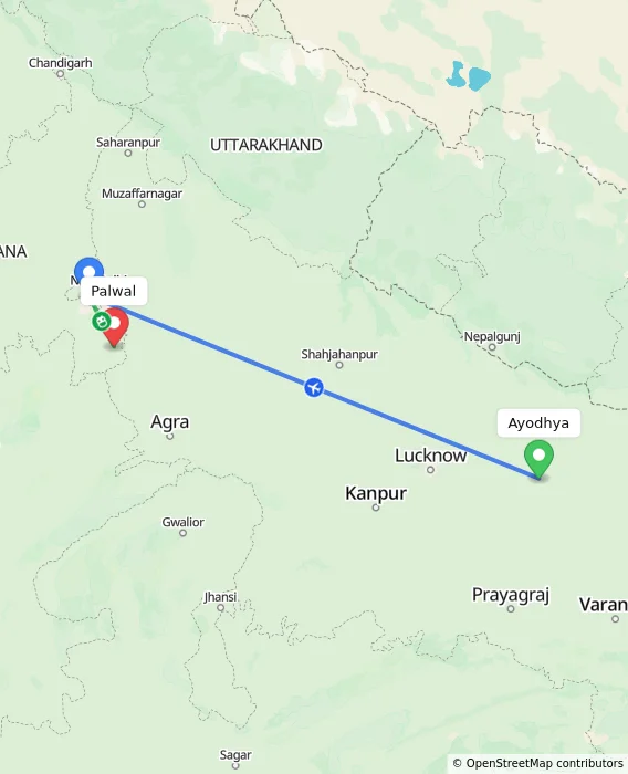 Route map showing distance and travel time from Ayodhya, India to Palwal, India