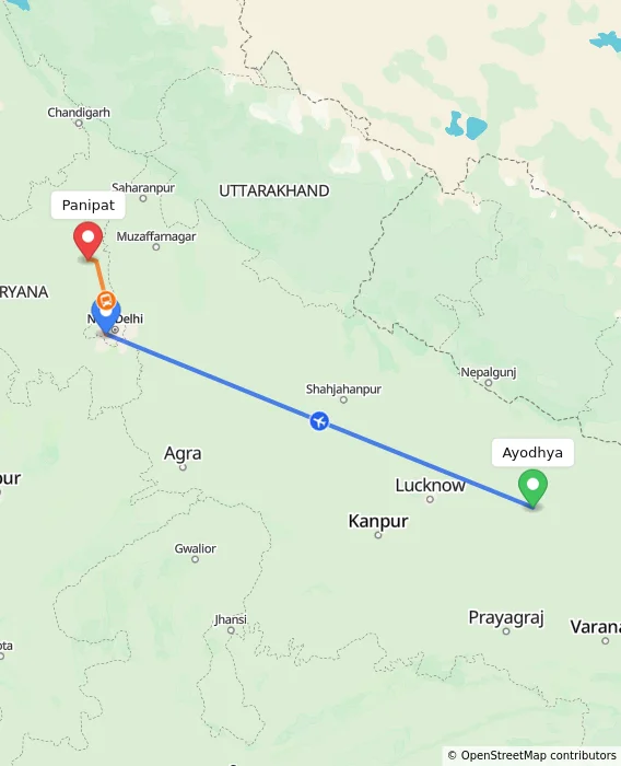 Route map showing distance and travel time from Ayodhya, India to Panipat, India
