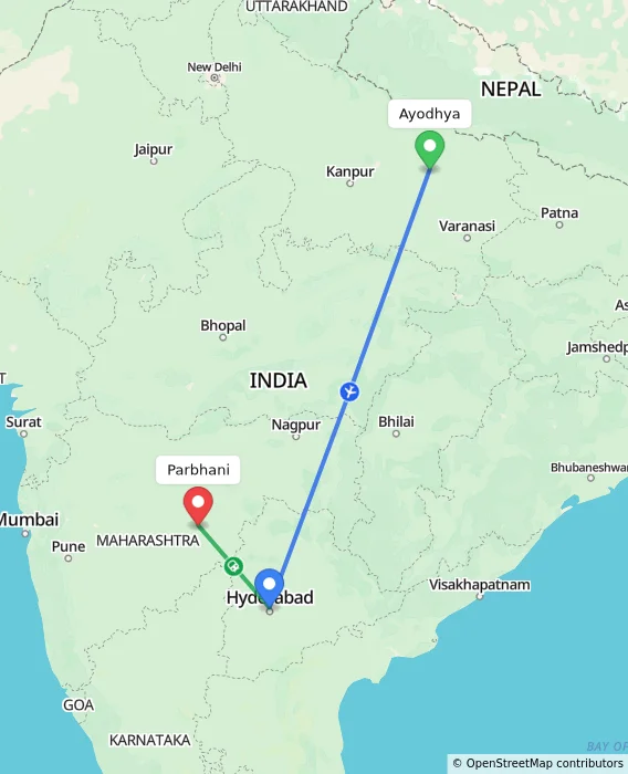 Route map showing distance and travel time from Ayodhya, India to Parbhani, India