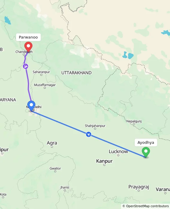 Route map showing distance and travel time from Ayodhya, India to Parwanoo, India