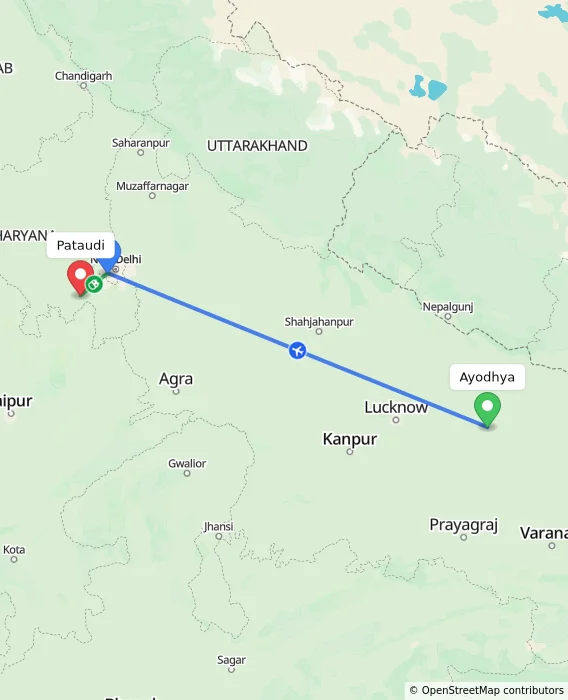 Route map showing distance and travel time from Ayodhya, India to Pataudi, India