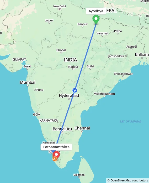 Route map showing distance and travel time from Ayodhya, India to Pathanamthitta, India