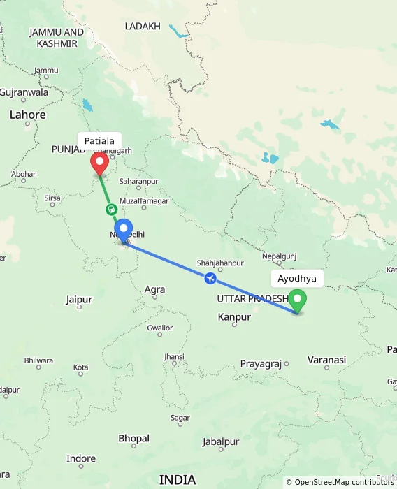 Route map showing distance and travel time from Ayodhya, India to Patiala, India