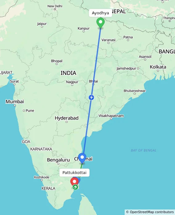 Route map showing distance and travel time from Ayodhya, India to Pattukkottai, India